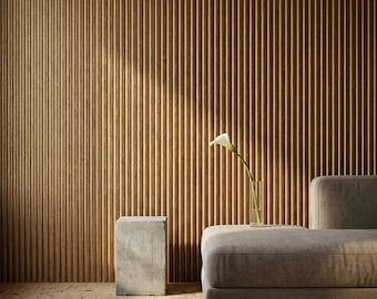 Papel pintado texturizado con efecto de panel vertical, diseño moderno y neutro para decoración de paredes.