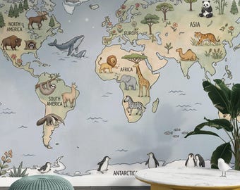 Whimsical Animal World Map Wallpaper Little Explorer Nursery Mural Storybook Kids Room Decor