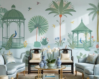Papel pintado de pabellón tipo cenador, jardín, paisaje, follaje tropical, mural de pared