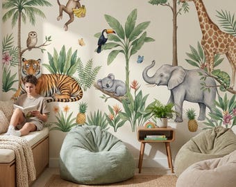 Mural de pared con escena de safari de cuento infantil, decoración de guardería con animales y temática de aventura.