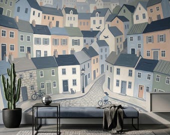 Illustrated Town Wallpaper Mural, Storybook City Wall Art, Pastel House Wall Decor