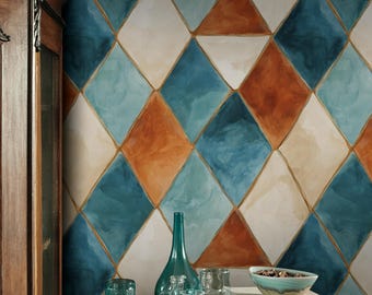 Diamond Pattern Wallpaper, Watercolor Geometric Wall Decor, Modern Retro Wall Design
