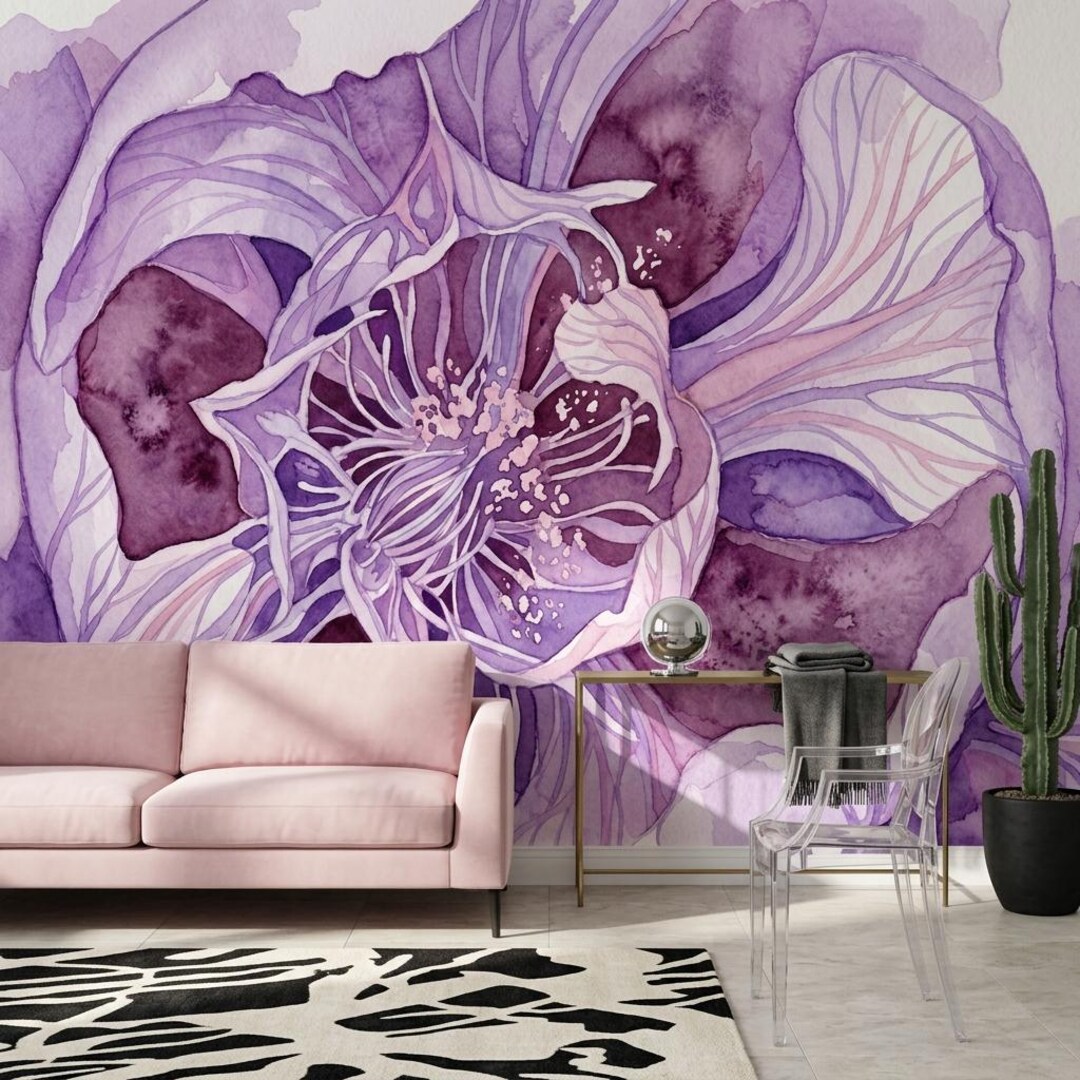 Purple Floral Wall Mural Watercolor Flower Wallpaper Large Abstract ...