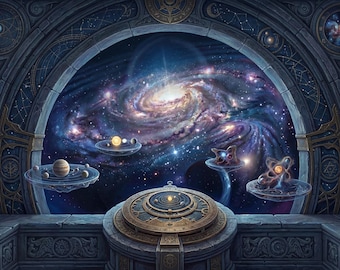 Cosmic Portal Wallpaper Mural, Galaxy Window Wall Art, Celestial Observatory Wall Decor