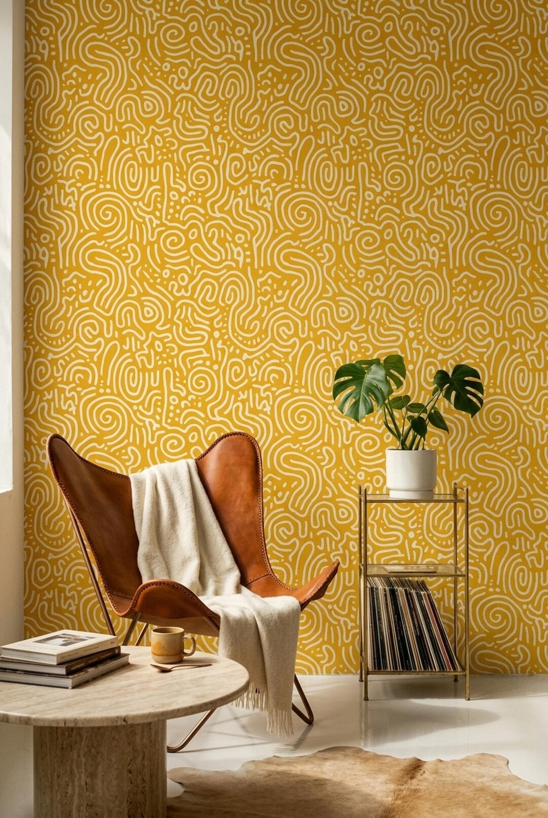 Abstract Squiggle Pattern Wallpaper Mustard Yellow Modern Seamless ...