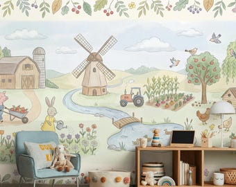 Storybook Farm Wall Mural Kids Nursery Wallpaper Barn Animals Country Landscape Decor