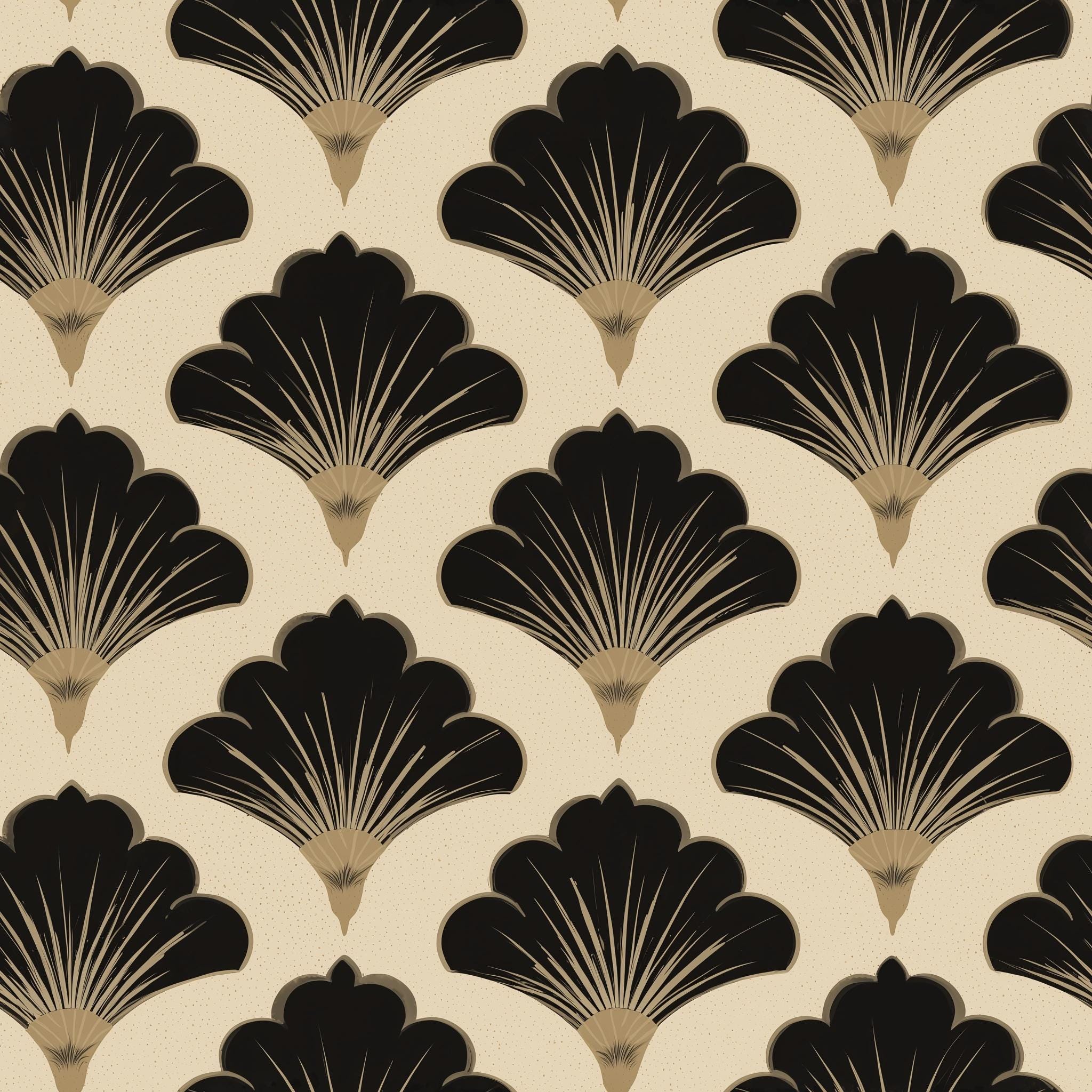 Art Deco Fan Pattern Wallpaper, Black Gold Wall Decor, Geometric Luxury ...