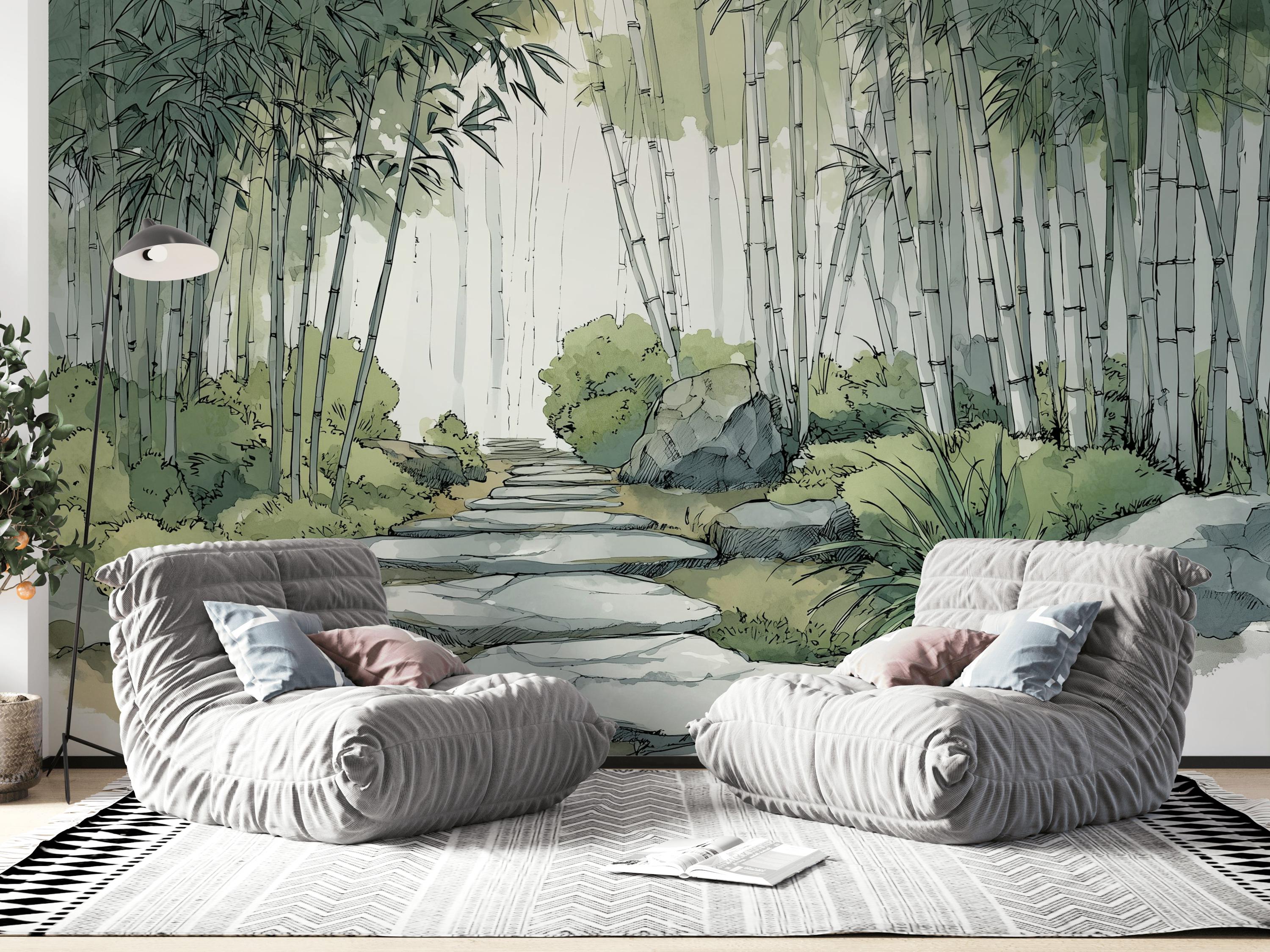 水彩画風竹林の壁画、日本の禅庭園の風景、自然の風景壁紙 - Etsy 日本
