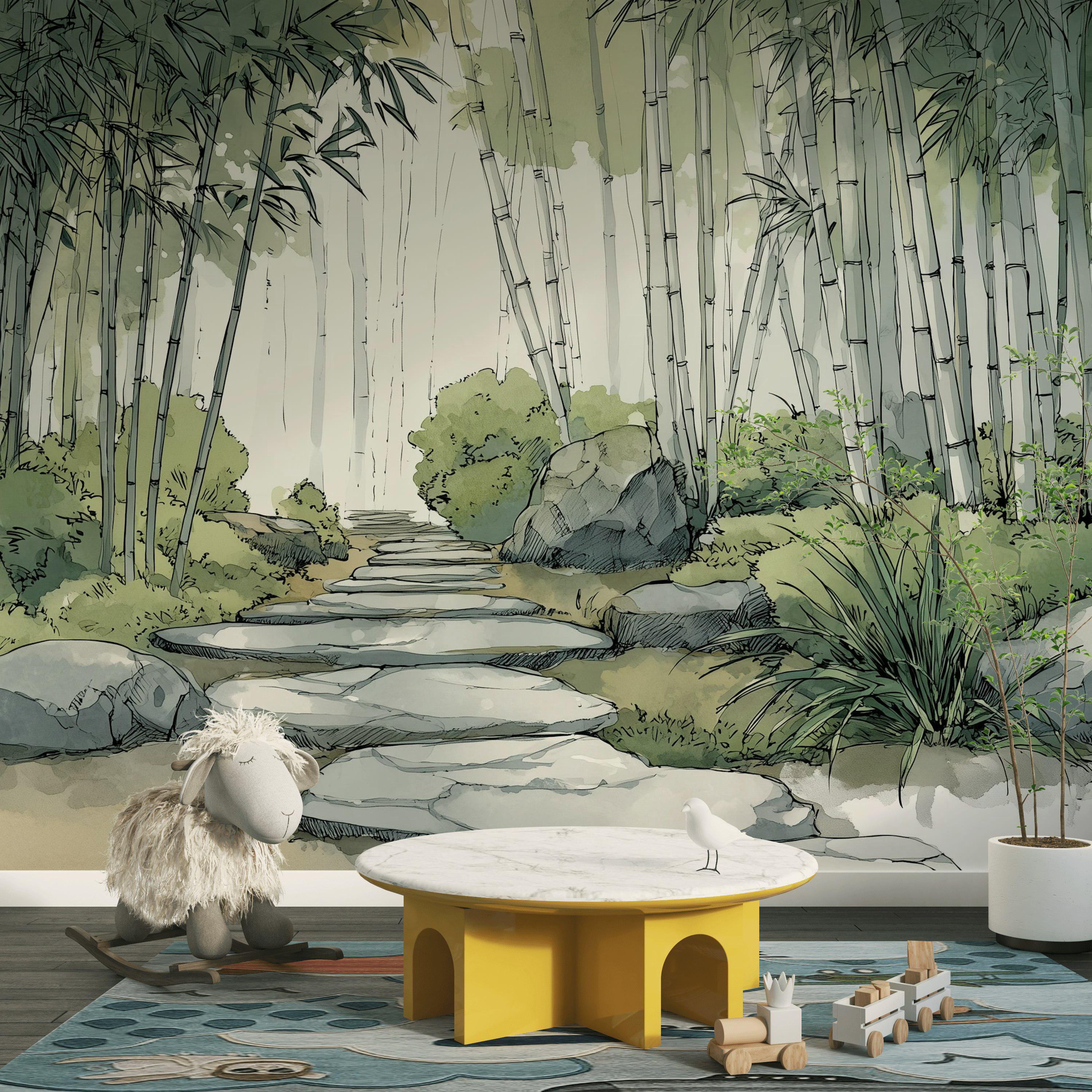 水彩画風竹林の壁画、日本の禅庭園の風景、自然の風景壁紙 - Etsy 日本