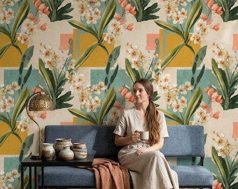Mid Century Floral Wallpaper Retro Botanical Pattern Abstract Geometric Wall Decor