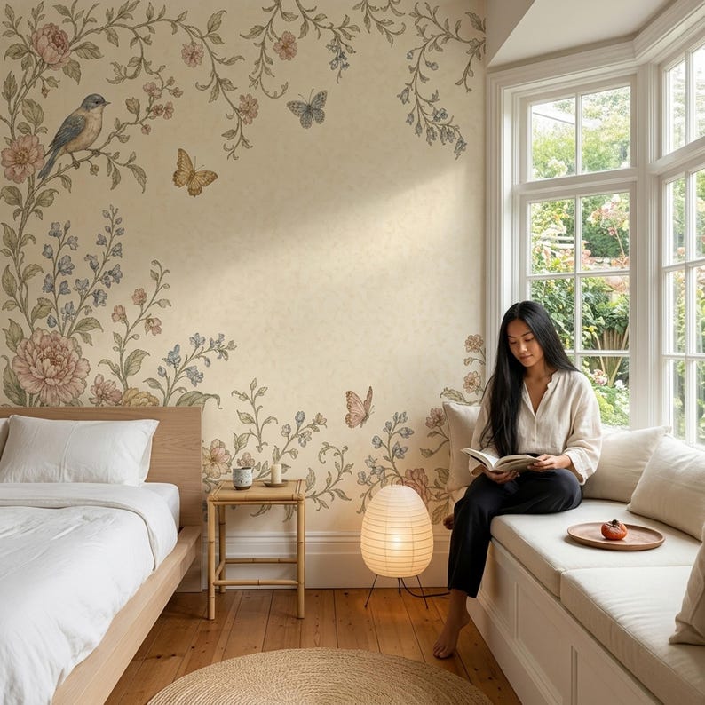 Vintage Floral Bird Wall Mural Cottagecore Garden Wallpaper Romantic ...