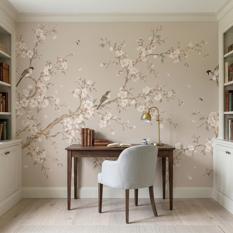 Spring Blossom Branches Wallpaper Bird and Butterfly Wall Mural - Etsy
