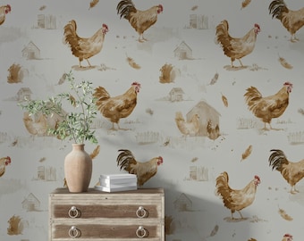 Farmhouse Rooster Chicken Wallpaper | Rustic Country Wall Mural | Watercolor Peel and Stick Decor
