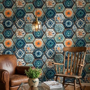 Blue Mosaic Tile Wallpaper Hexagon Pattern Ceramic Tile Art Mediterranean Decor