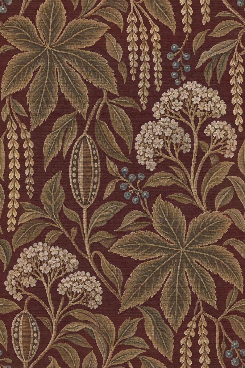 Retro Botanical Pattern Vintage Botanical Wallpaper in Burgundy With Antique Tapestry Effect - Etsy
