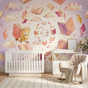 May include: A nursery with a white crib, a rocking chair, and a changing table. The wall is decorated with a whimsical watercolor mural of floating books, clouds, and stars in shades of pink, orange, and purple.