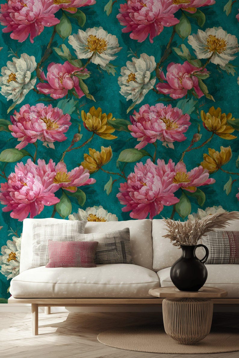 Impasto Peony Wallpaper Mural: Turquoise & Pink Floral Peel and Stick ...