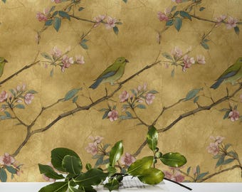 Chinoiserie Gold Leaf Wallpaper Bird Cherry Blossom Wall Mural Peel and Stick or Unpasted