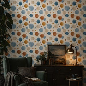 Watercolor Polka Dot Wallpaper Pattern Blue Orange Beige Circle Wall Decor Peel and Stick