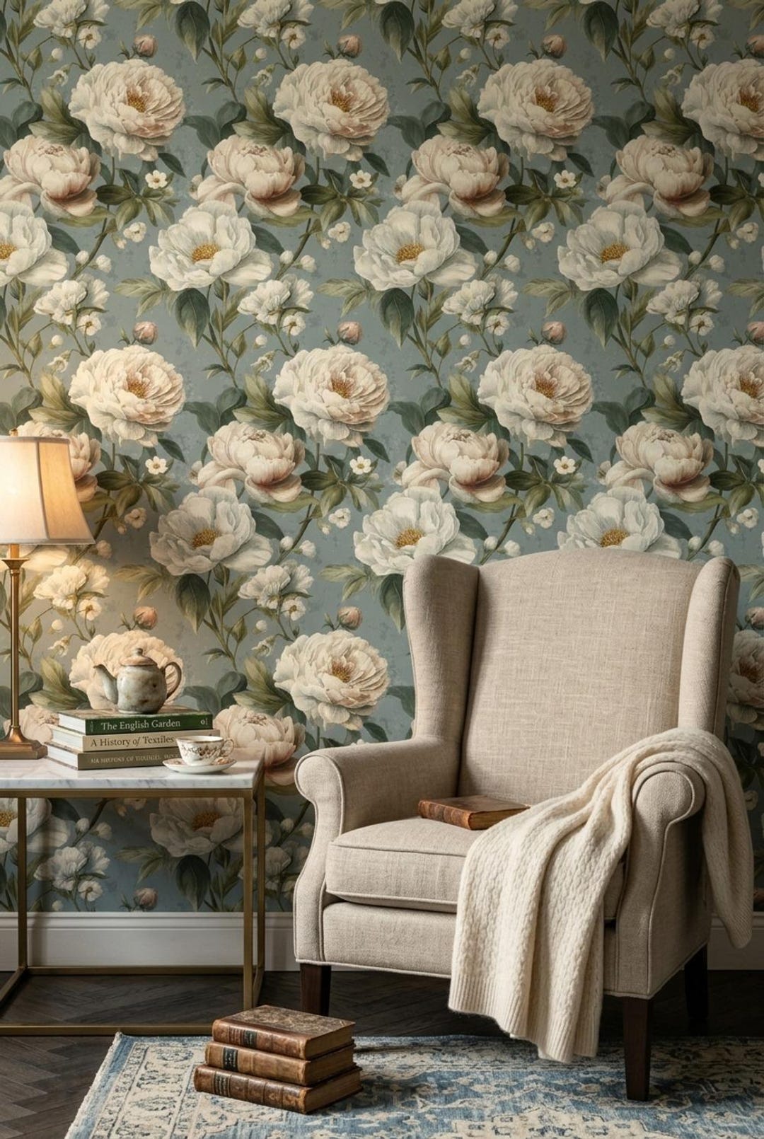 Vintage Floral Repeat Wallpaper, Classic Rose Pattern Wall Decor ...