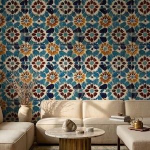 Papel pintado de mosaico marroquí con diseño de azulejos azules para decoración de paredes de estilo mediterráneo.
