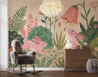 Blush Bunny Garden Wall Mural Pink Floral Nursery Wallpaper Whimsical Kids Room Decor