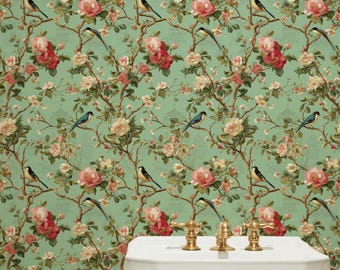 Tapeta w stylu vintage z motywem orientalno-botanicznym, ptaki i kwiaty w stylu chinoiserie, samoprzylepna