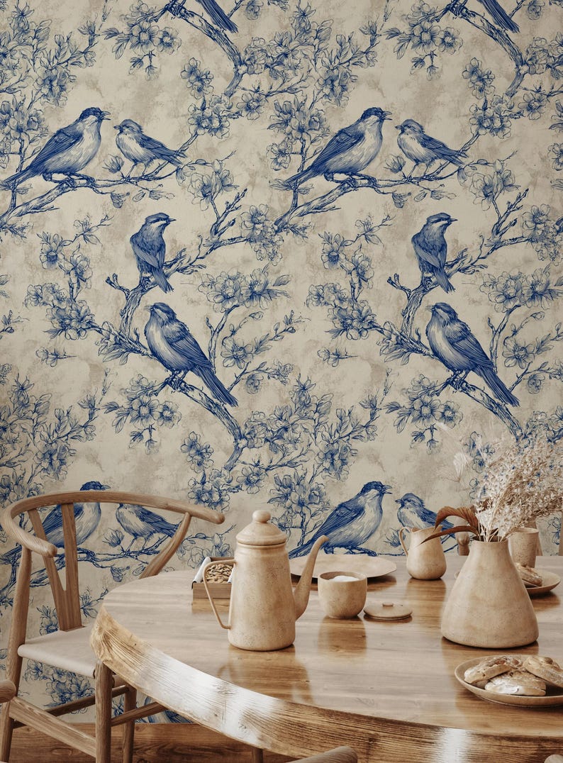 Chinoiserie Bird & Branch Wallpaper | Toile Style Wall Mural | Blue ...