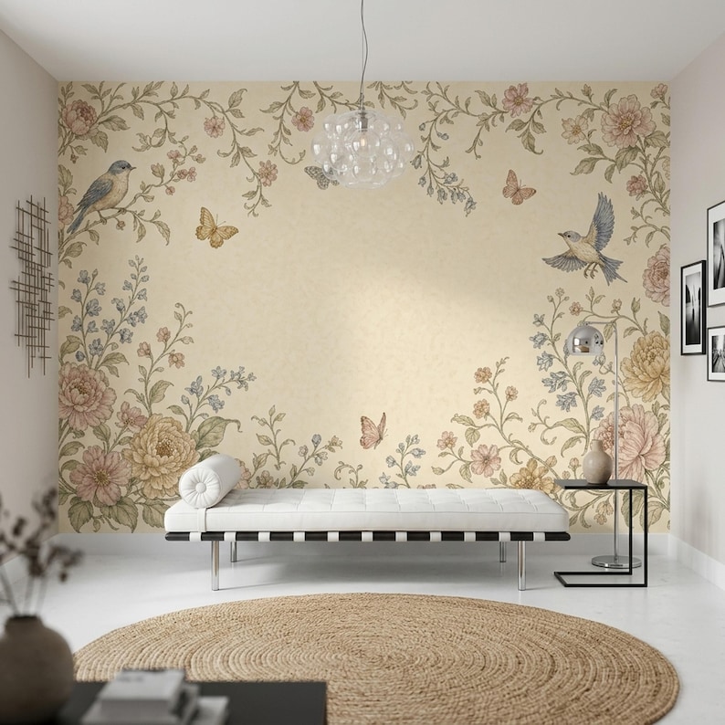 Vintage Floral Bird Wall Mural Cottagecore Garden Wallpaper Romantic ...