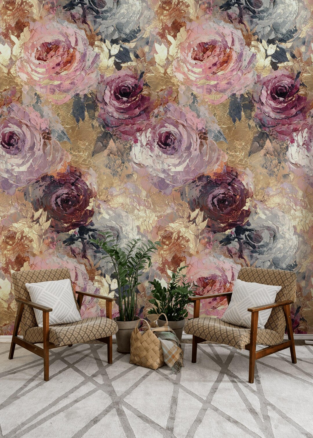 Vintage Gold Foil Rose Wallpaper | Impasto Floral Wall Mural | Luxury ...