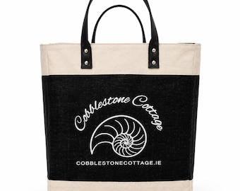 Custom Jute Tote Bag with Leather Handles | Personalized Beach Market Bag
