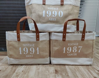 Personalized Burlap Tote Bag | Custom Name Embroidered | Leather Handle | Teacher Gift | Eco Jute Shopper