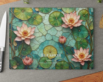 Personalized Water Lily Glass Cutting Board | July Birthday Gift | Stained Glass Art Decor | Mother's Day Gift | Gift for Grandma