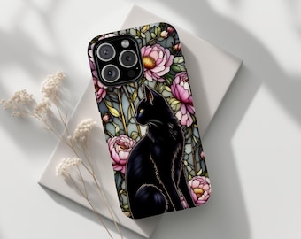 Floral Black Cat Stained Glass Phone Case: Gothic Gift for her