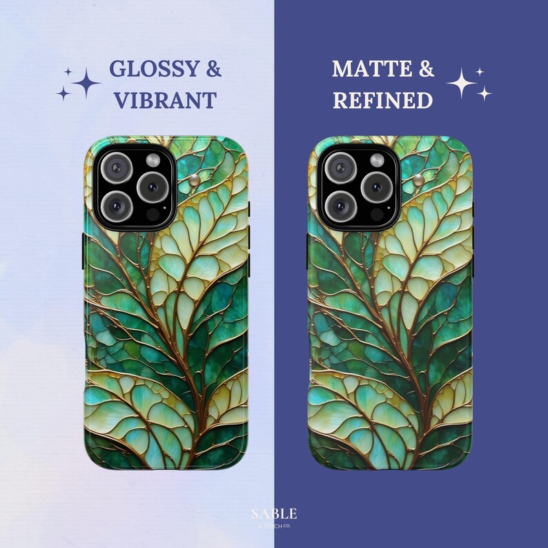 May include: Two phone cases with a leaf design. The left case has a glossy finish, and the right case has a matte finish. The leaf design features shades of green and gold, with the text "Glossy & Vibrant" and "Matte & Refined".