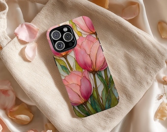 Pink Tulips Stained Glass iPhone & Samsung Case: Botanical Art Gift for Her