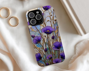 Custodia per iPhone, Samsung, Pixel con papavero viola in vetro colorato, regalo di fiori per la nascita di agosto