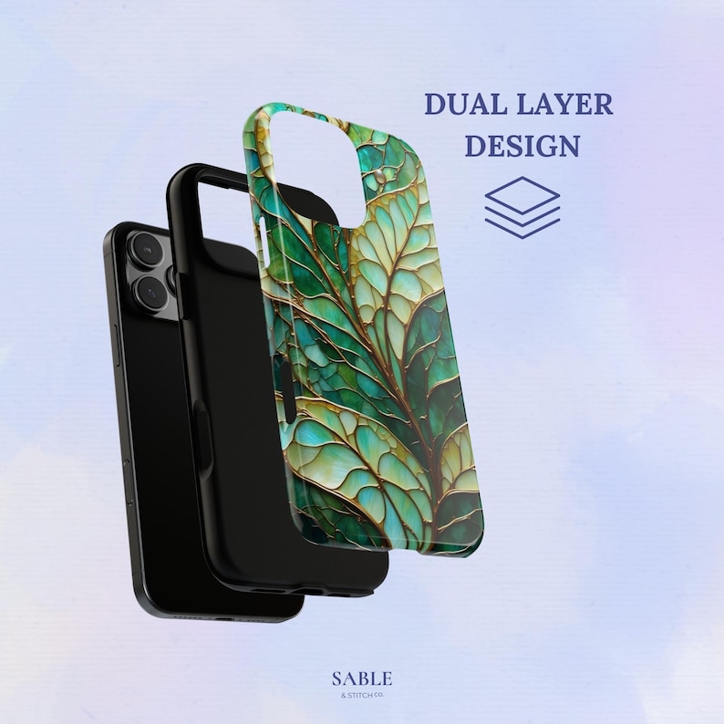 May include: A black phone case with a dual-layer design, featuring a vibrant green and gold leaf pattern. The case is shown separated from a black phone, with the text "DUAL LAYER DESIGN" visible.