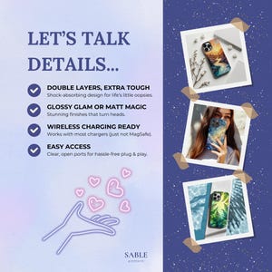 May include: A promotional image for phone cases. The image features three photos of phone cases with various designs, including a sunset and a forest scene. Text on the left side reads "LET'S TALK DETAILS..." and highlights features like double layers and wireless charging.