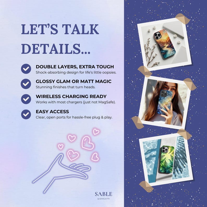 May include: A promotional image for phone cases. The image features three photos of phone cases with various designs, including a sunset and a forest scene. Text on the left side reads "LET'S TALK DETAILS..." and highlights features like double layers and wireless charging.