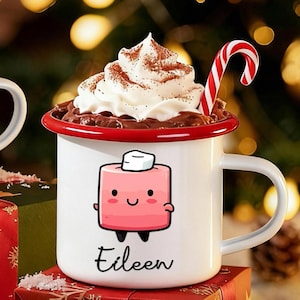 Taza de chocolate caliente personalizada, taza esmaltada navideña familiar para chocolate caliente, taza navideña para caravanas con muñeco de nieve sonriente, diseños de malvaviscos y renos