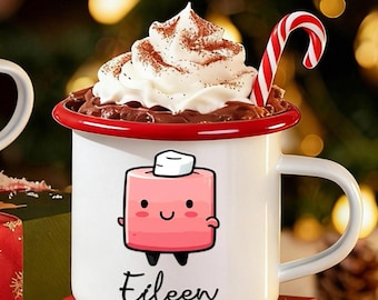 Personalized Cocoa Mug, Christmas Family Hot Chocolate Enamel Cup, Holiday Camper Mug with Snowman Smile, Marshmallow & Reindeer Designs