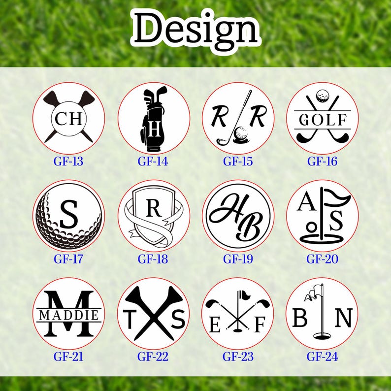 K&ouml;nnte beinhalten: Eine Sammlung von Golf-Designs in kreisf&ouml;rmigem Format, jedes mit einer einzigartigen Grafik. Designs umfassen Golfb&auml;lle, Schl&auml;ger, Initialen und das Wort "GOLF". Das Wort "Design" steht oben.
