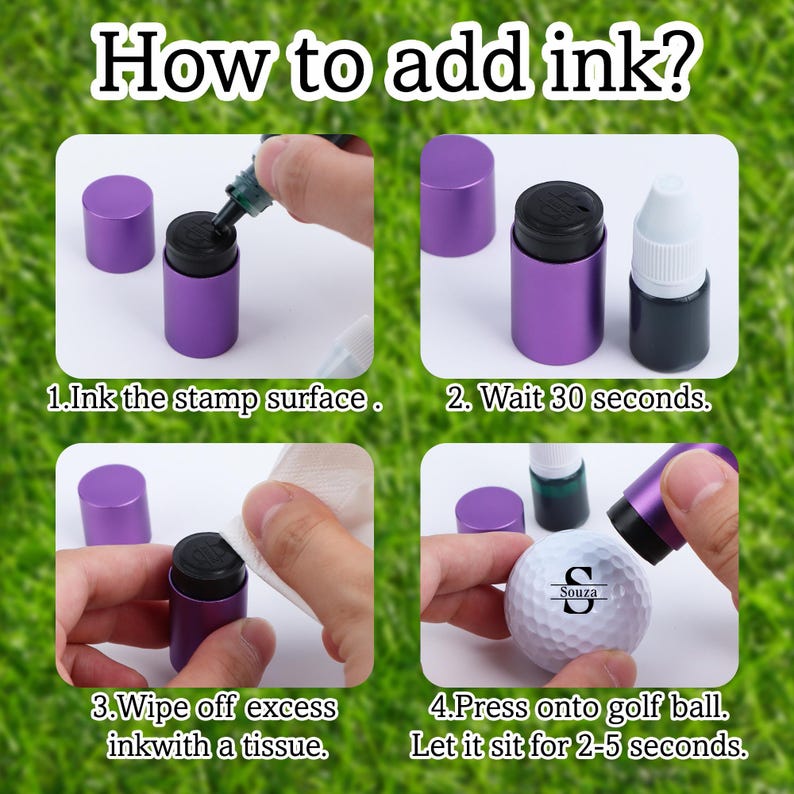 K&ouml;nnte beinhalten: Eine Schritt-f&uuml;r-Schritt-Anleitung zum Hinzuf&uuml;gen von Tinte zu einem Stempel. Das Bild zeigt einen lila Stempel, eine Tintenflasche und einen Golfball. Der Text lautet: "Wie f&uuml;gt man Tinte hinzu?" und Anweisungen.