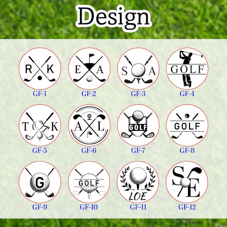 K&ouml;nnte beinhalten: Eine Sammlung von Golf-Designs, jeweils in einem kreisf&ouml;rmigen Rahmen. Die Designs zeigen Golfb&auml;lle, gekreuzte Golfschl&auml;ger und Text wie "GOLF" und Initialen. Das Wort "Design" steht oben.