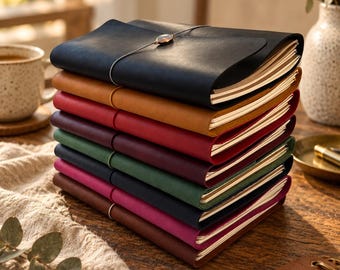 Puede incluir: Una pila de siete diarios encuadernados en cuero de varios colores, incluyendo negro, tostado, rojo, morado, verde, azul oscuro y magenta. Cada diario cuenta con una cubierta envolvente asegurada con un cordón elástico y una cuenta metálica.