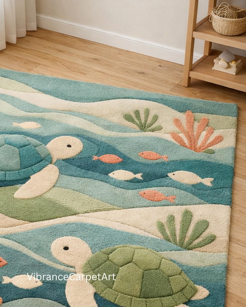 Hand-tufted Kids Ocean Rug – Sea Turtle Nursery Carpet, Custom Color - Etsy