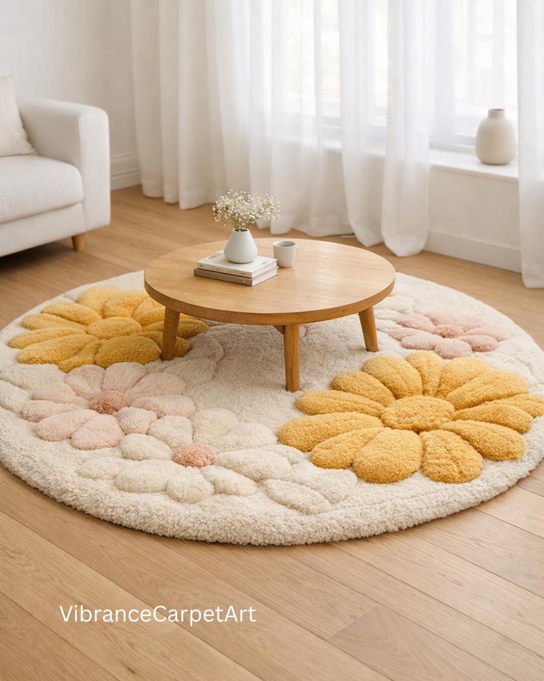 Hand-tufted Round Daisy Rug – Cream, Mustard & Blush Floral Carpet - Etsy