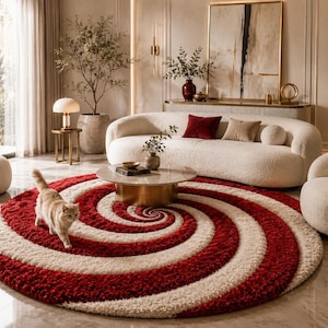 Könnte beinhalten: Ein großer, runder Teppich mit hochflorigem, zotteligem Flor und einem markanten Spiralmuster in abwechselnd tiefroten und cremeweißen Farben. Eine hellfarbige, langhaarige Katze läuft über die Oberfläche des Teppichs.