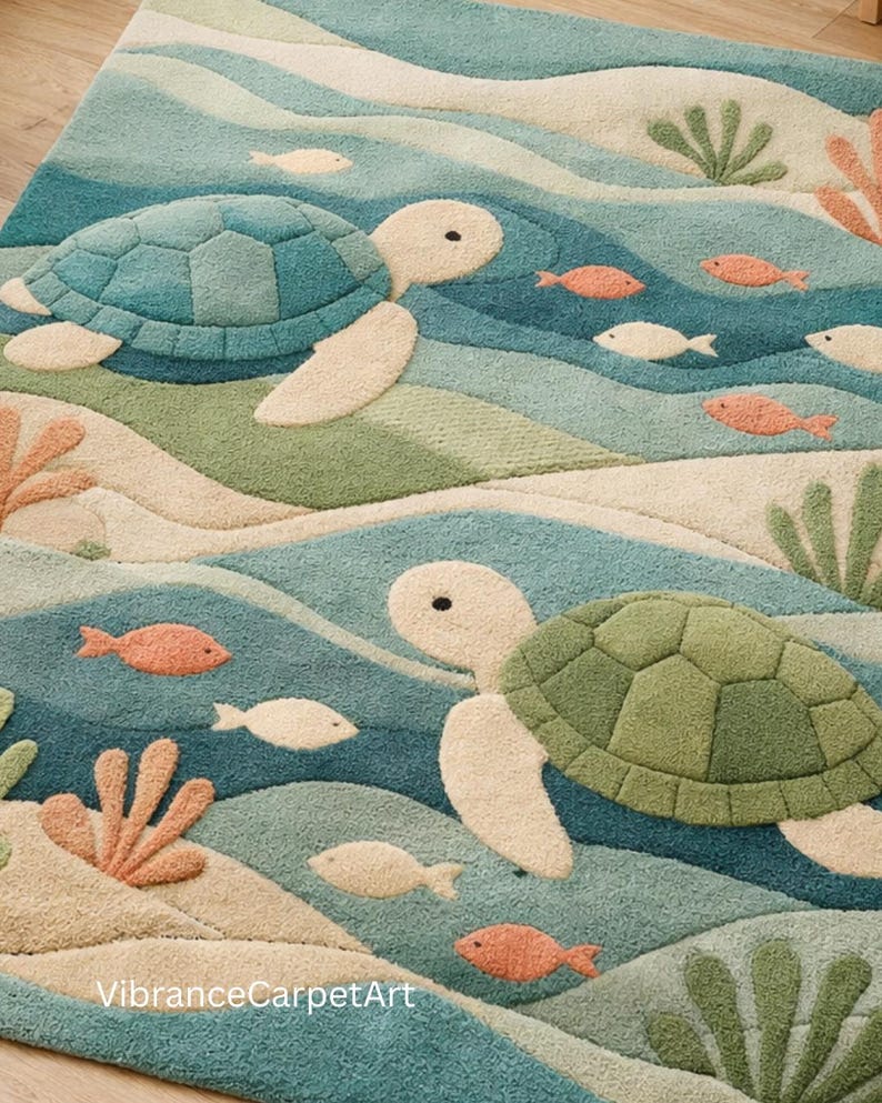 Hand-tufted Kids Ocean Rug – Sea Turtle Nursery Carpet, Custom Color - Etsy